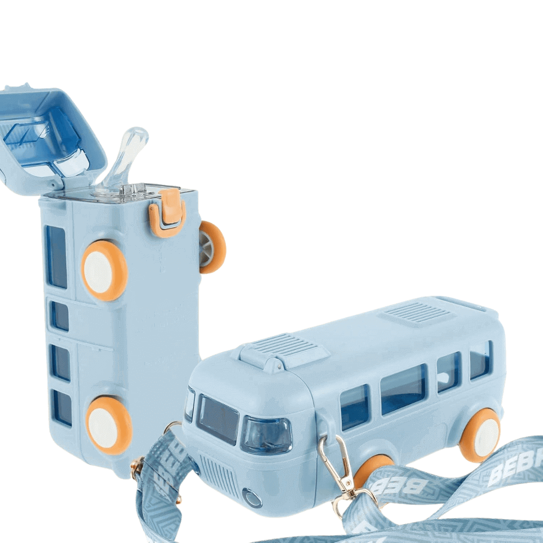 Cute Car/Bus Straw Water Bottle for Kids – Leak-Proof Cartoon Cup with Shoulder Strap